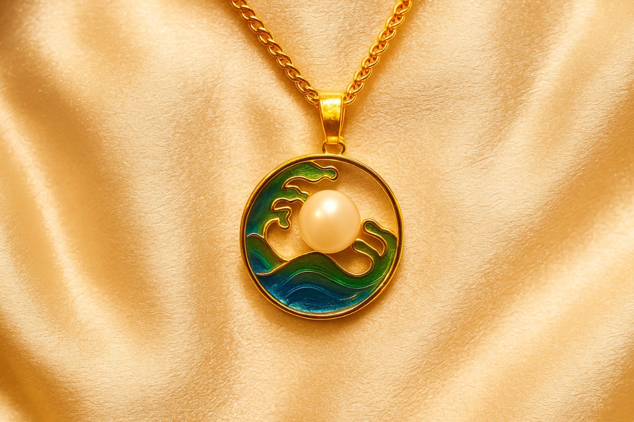 OCEAN WAVE PENDENT WITH PEARL AND GOLD POLISH CHAIN